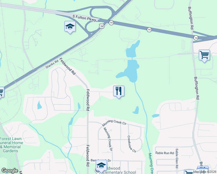 map of restaurants, bars, coffee shops, grocery stores, and more near 3799 Feldwood Place in College Park