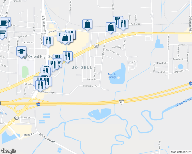 map of restaurants, bars, coffee shops, grocery stores, and more near 1027 Bruce Street in Oxford