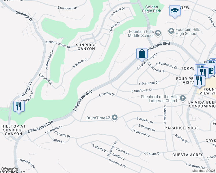 map of restaurants, bars, coffee shops, grocery stores, and more near 15603 East Palisades Boulevard in Fountain Hills