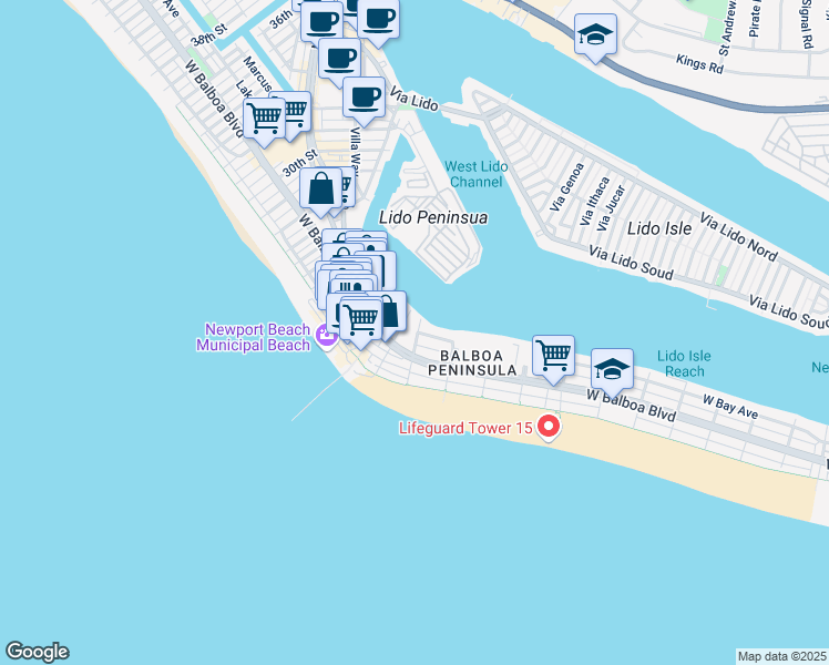 map of restaurants, bars, coffee shops, grocery stores, and more near 219 19th Street in Newport Beach