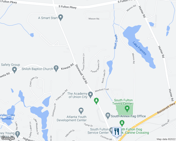 map of restaurants, bars, coffee shops, grocery stores, and more near 5460 Forest Downs Circle in College Park
