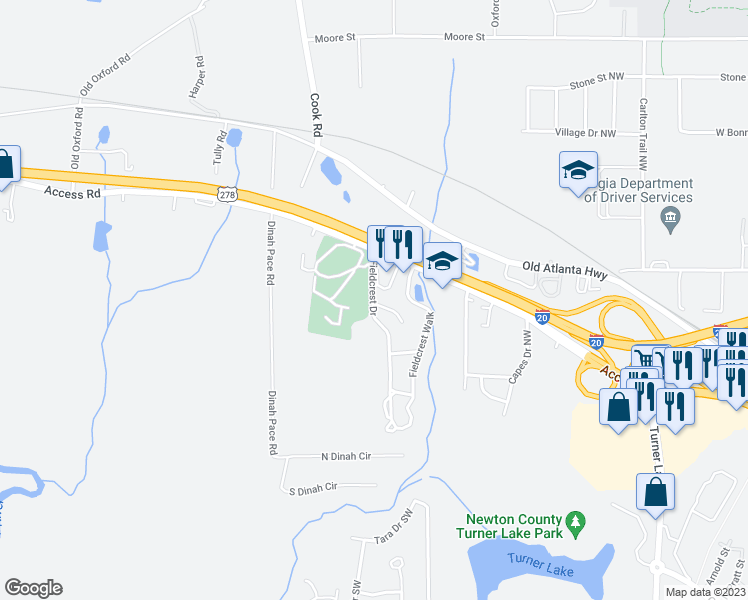map of restaurants, bars, coffee shops, grocery stores, and more near 10238 Fieldcrest Drive in Covington