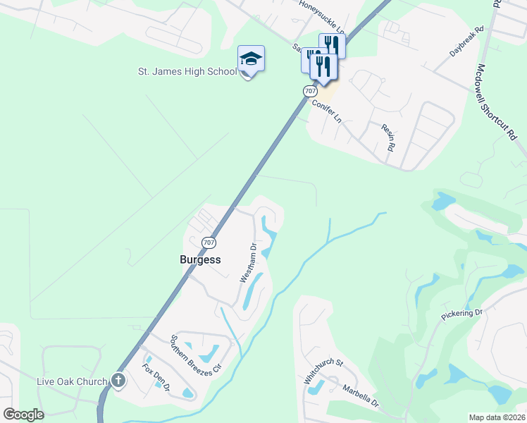 map of restaurants, bars, coffee shops, grocery stores, and more near 527 Westham Drive in Murrells Inlet