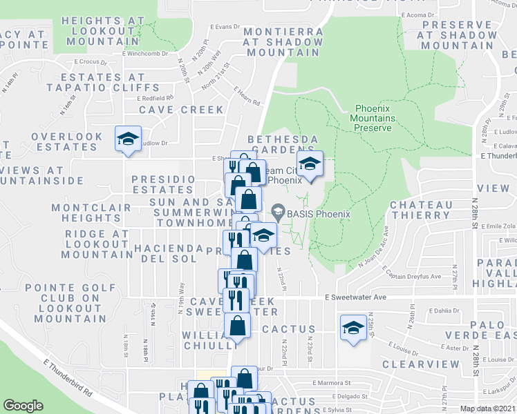 map of restaurants, bars, coffee shops, grocery stores, and more near 2215 West Eugie Avenue in Phoenix