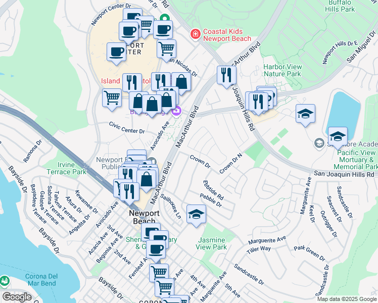 map of restaurants, bars, coffee shops, grocery stores, and more near 2507 Windover Drive in Newport Beach
