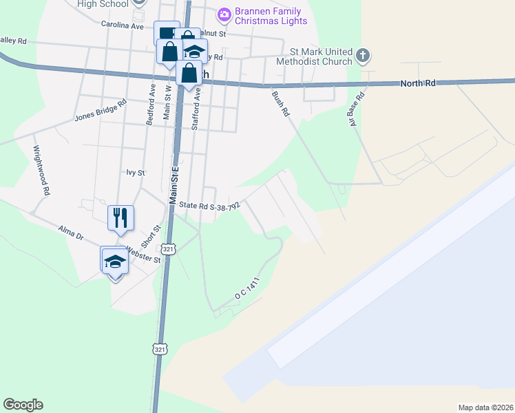 map of restaurants, bars, coffee shops, grocery stores, and more near 118 Maudeana Drive in North