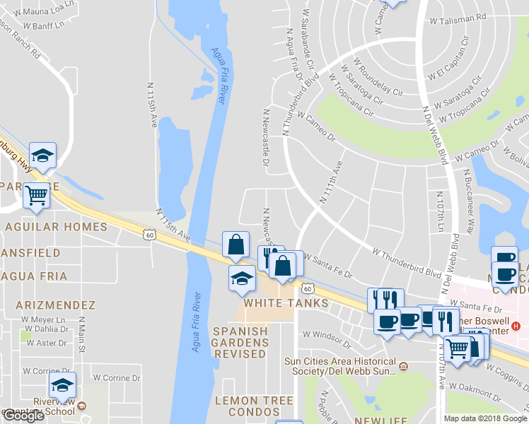map of restaurants, bars, coffee shops, grocery stores, and more near 13686 North Newcastle Drive in Sun City