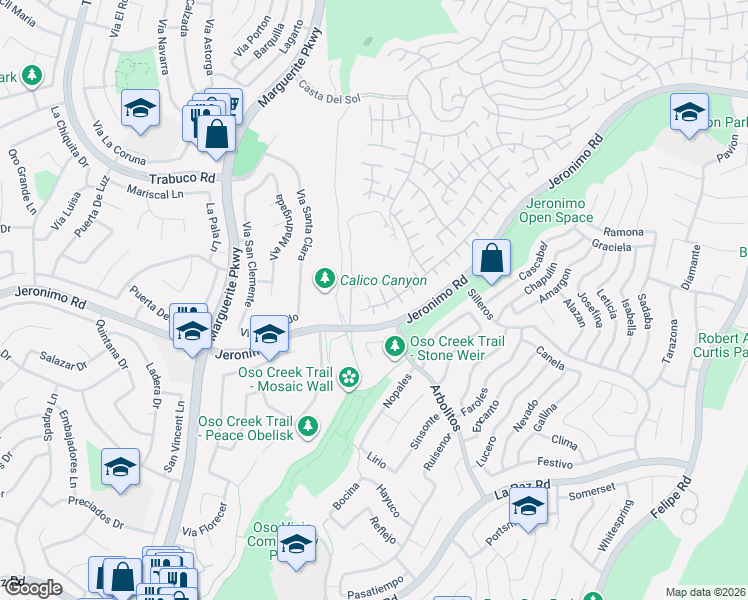 map of restaurants, bars, coffee shops, grocery stores, and more near 27645 Vía Granados in Mission Viejo