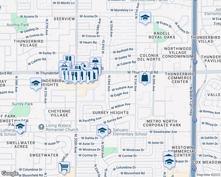 map of restaurants, bars, coffee shops, grocery stores, and more near 13608 North 33rd Avenue in Phoenix