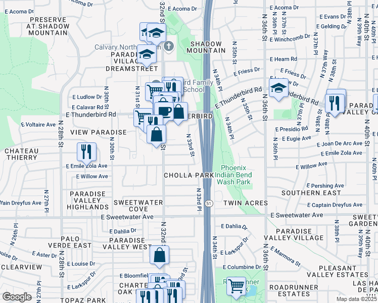 map of restaurants, bars, coffee shops, grocery stores, and more near 3248 East Presidio Road in Phoenix