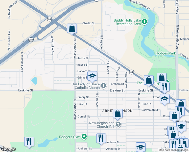 map of restaurants, bars, coffee shops, grocery stores, and more near 3206 Grinnell Street in Lubbock