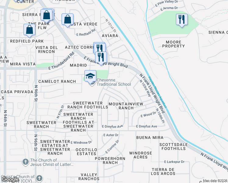 map of restaurants, bars, coffee shops, grocery stores, and more near 13549 North 102nd Place in Scottsdale