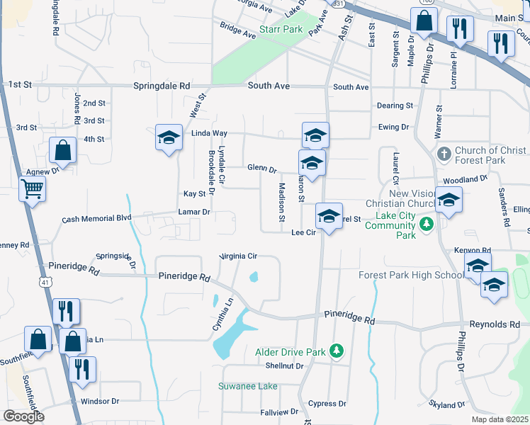 map of restaurants, bars, coffee shops, grocery stores, and more near 5340 Lee Circle in Forest Park