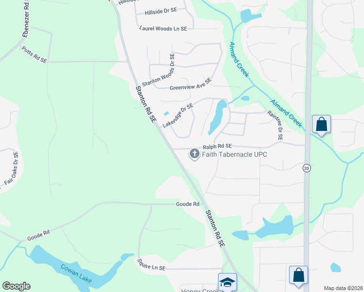map of restaurants, bars, coffee shops, grocery stores, and more near 624 Ralph Road Southeast in Conyers