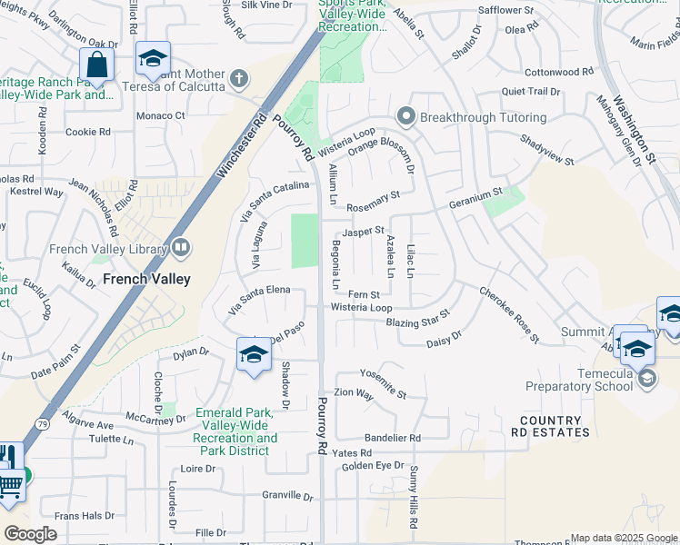 map of restaurants, bars, coffee shops, grocery stores, and more near 35258 Begonia Lane in Winchester
