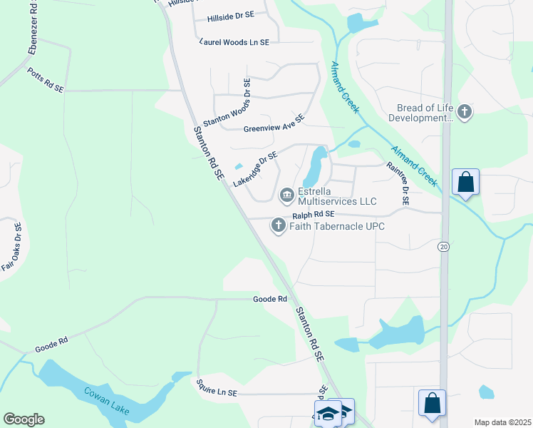 map of restaurants, bars, coffee shops, grocery stores, and more near 624 Ralph Road Southeast in Conyers
