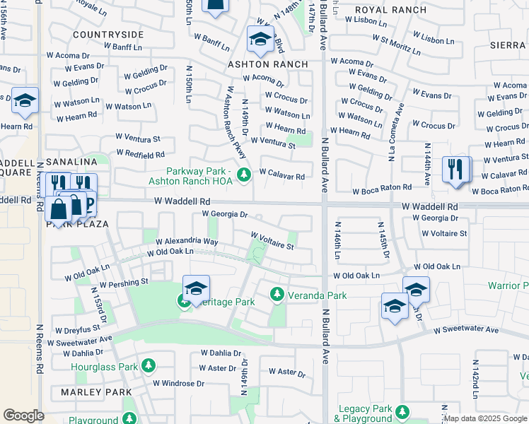 map of restaurants, bars, coffee shops, grocery stores, and more near 14878 West Georgia Drive in Surprise
