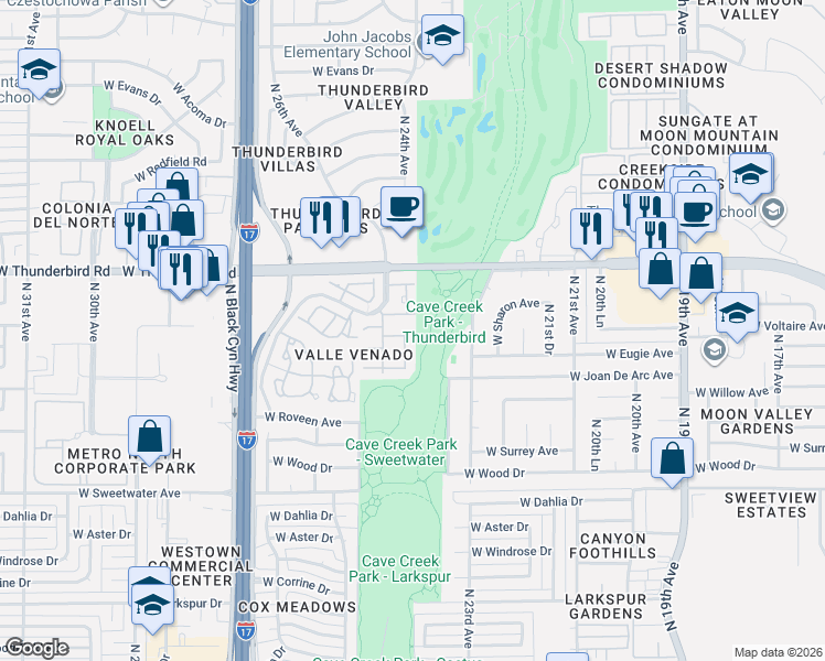 map of restaurants, bars, coffee shops, grocery stores, and more near 2351 West Voltaire Avenue in Phoenix