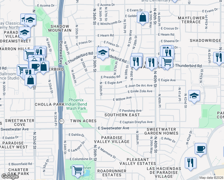 map of restaurants, bars, coffee shops, grocery stores, and more near 3707 East Joan De Arc Avenue in Phoenix