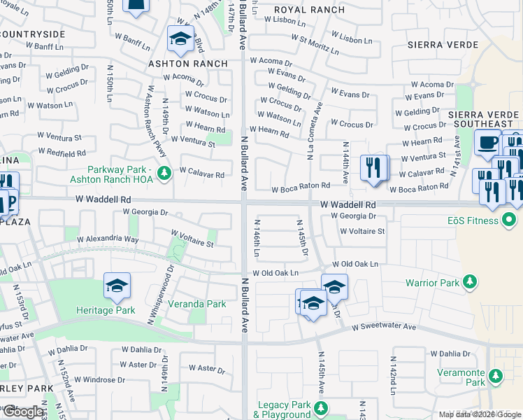 map of restaurants, bars, coffee shops, grocery stores, and more near 14662 West Georgia Drive in Surprise