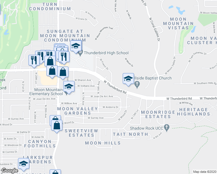 map of restaurants, bars, coffee shops, grocery stores, and more near 1515 West Thunderbird Road in Phoenix