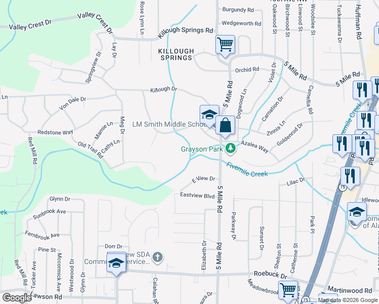 map of restaurants, bars, coffee shops, grocery stores, and more near 361 Killough Circle in Birmingham