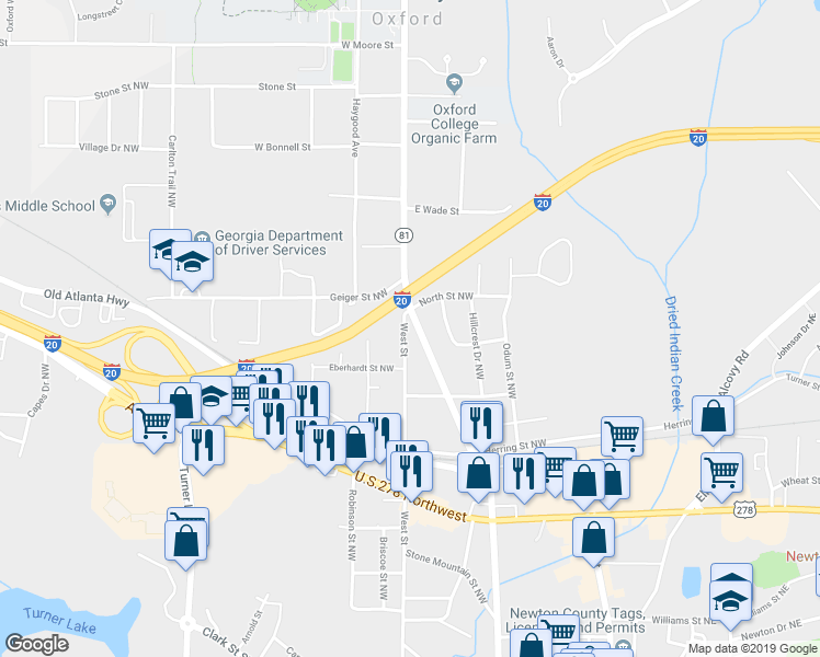 map of restaurants, bars, coffee shops, grocery stores, and more near 5191 Emory Street Northwest in Covington