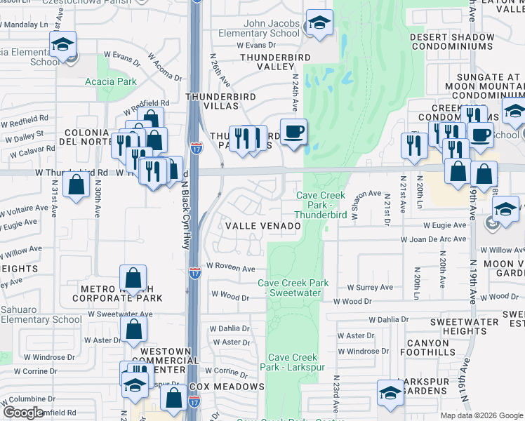 map of restaurants, bars, coffee shops, grocery stores, and more near 13411 North 25th Drive in Phoenix