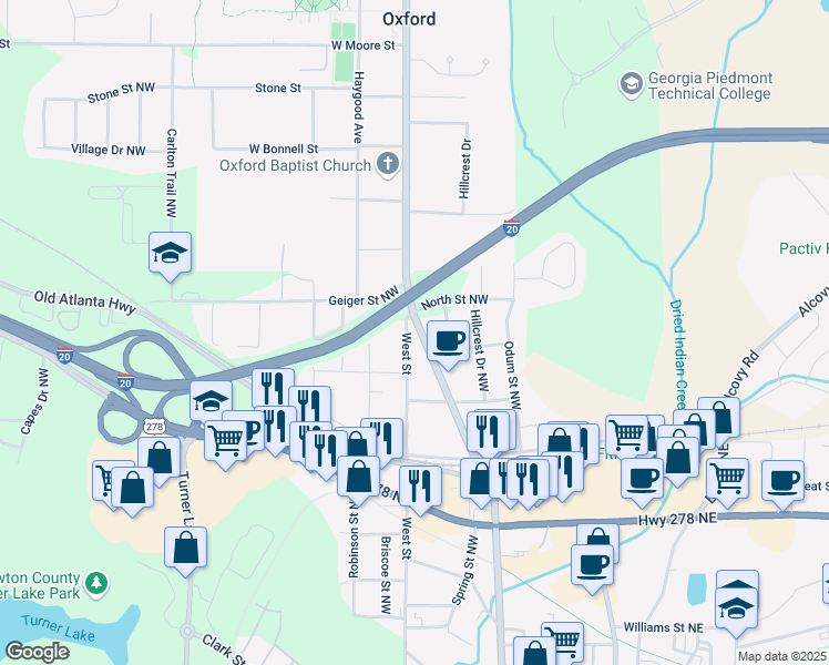 map of restaurants, bars, coffee shops, grocery stores, and more near 5191 Emory Street Northwest in Covington