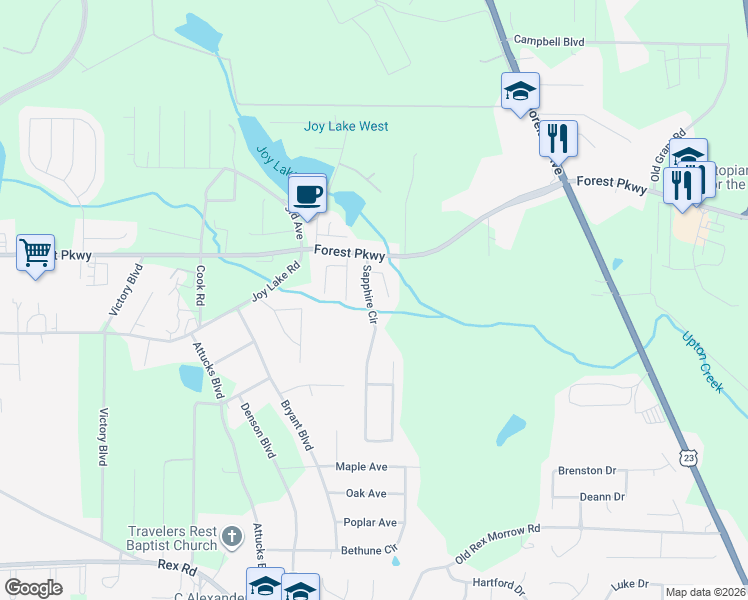 map of restaurants, bars, coffee shops, grocery stores, and more near 5354 Sapphire Circle in Ellenwood