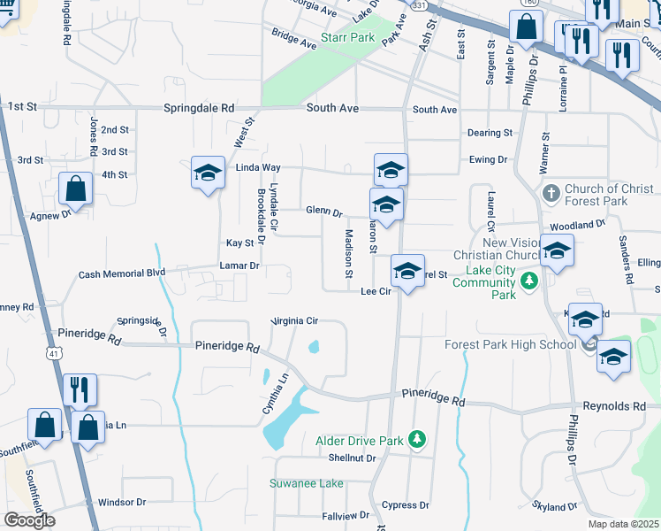 map of restaurants, bars, coffee shops, grocery stores, and more near 5340 Lee Circle in Forest Park