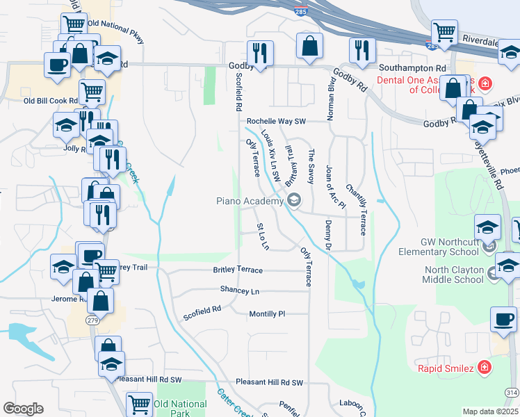map of restaurants, bars, coffee shops, grocery stores, and more near 5380 Saint Lo Lane in Atlanta