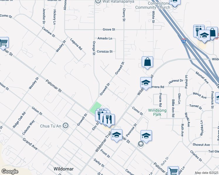 map of restaurants, bars, coffee shops, grocery stores, and more near 21344 Como Street in Wildomar