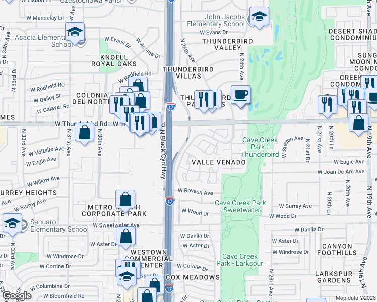 map of restaurants, bars, coffee shops, grocery stores, and more near 2607 West Emile Zola Avenue in Phoenix