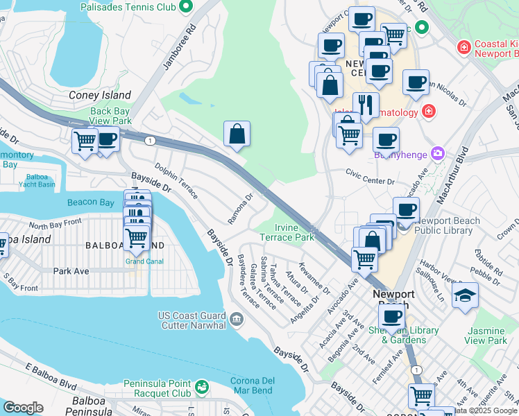map of restaurants, bars, coffee shops, grocery stores, and more near 707 Malabar Drive in Newport Beach