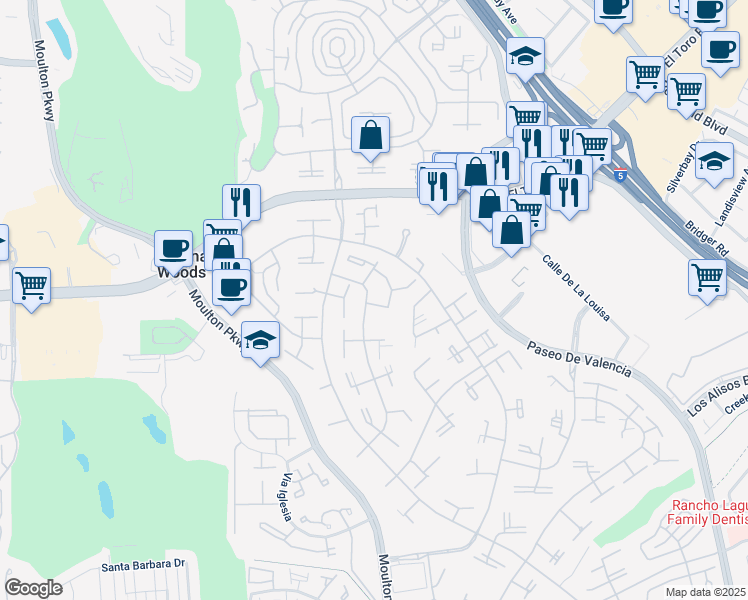 map of restaurants, bars, coffee shops, grocery stores, and more near 20 Avenida Castilla in Laguna Woods