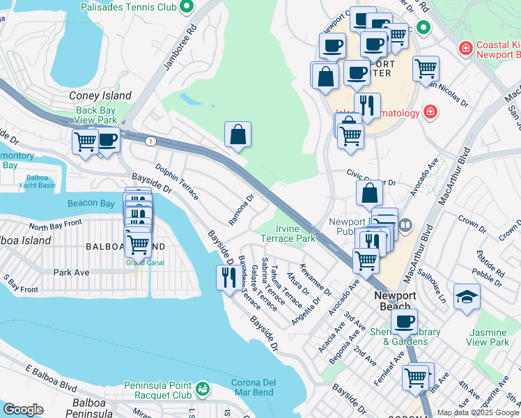 map of restaurants, bars, coffee shops, grocery stores, and more near 707 Malabar Drive in Newport Beach
