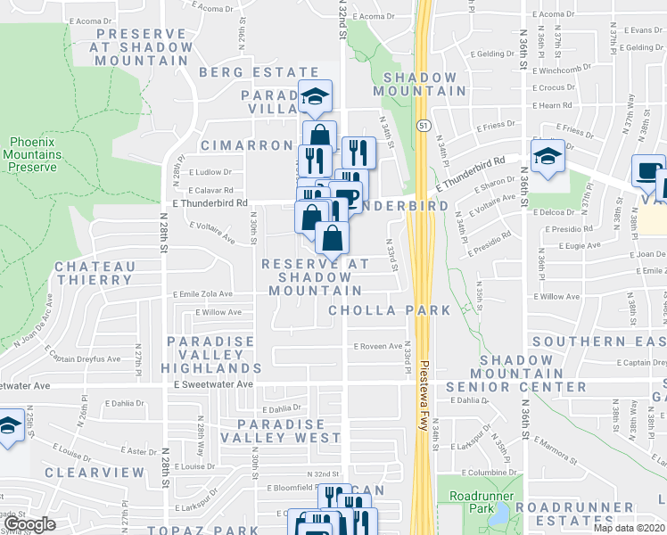 map of restaurants, bars, coffee shops, grocery stores, and more near 13424 N 32nd St in Paradise Valley