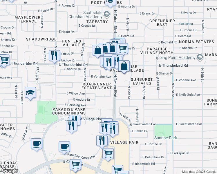 map of restaurants, bars, coffee shops, grocery stores, and more near 4656 East Emile Zola Avenue in Phoenix