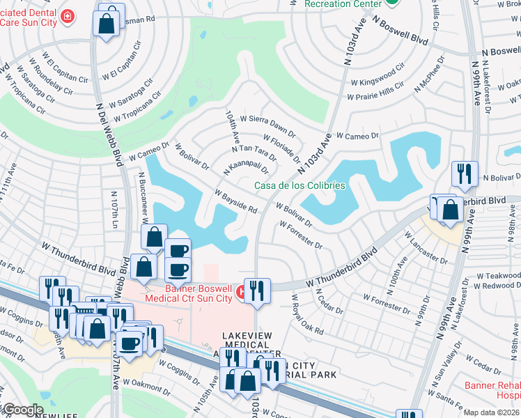 map of restaurants, bars, coffee shops, grocery stores, and more near 10302 West Bayside Road in Sun City