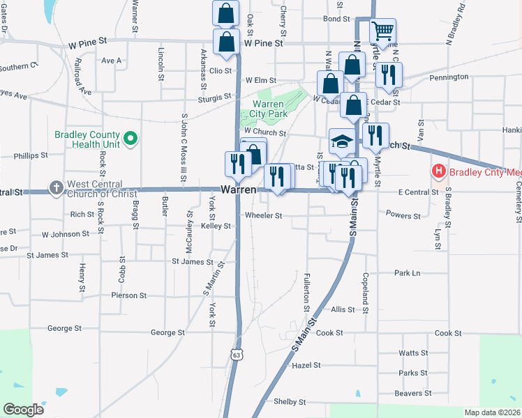 map of restaurants, bars, coffee shops, grocery stores, and more near 150 Bradley Court in Warren