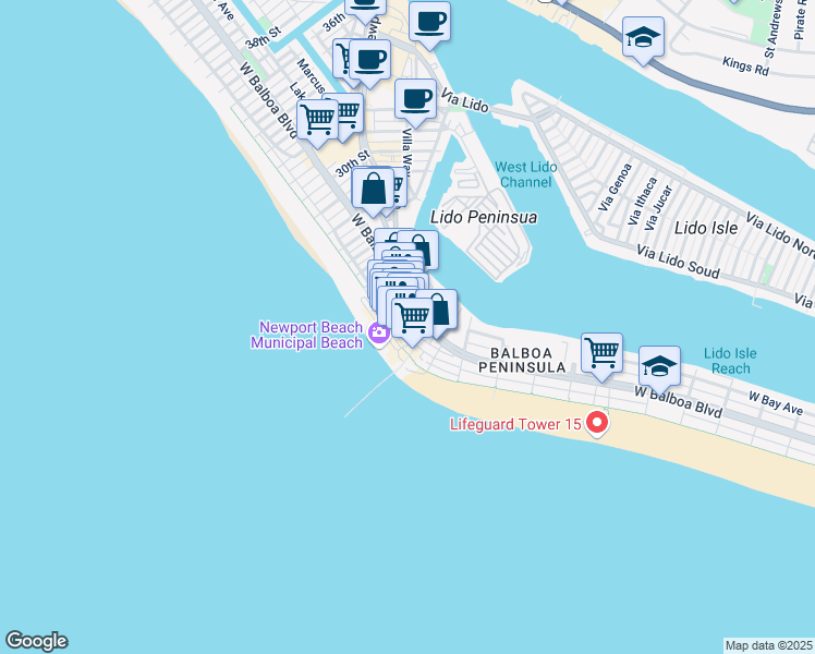 map of restaurants, bars, coffee shops, grocery stores, and more near 125 Mc Fadden Place in Newport Beach