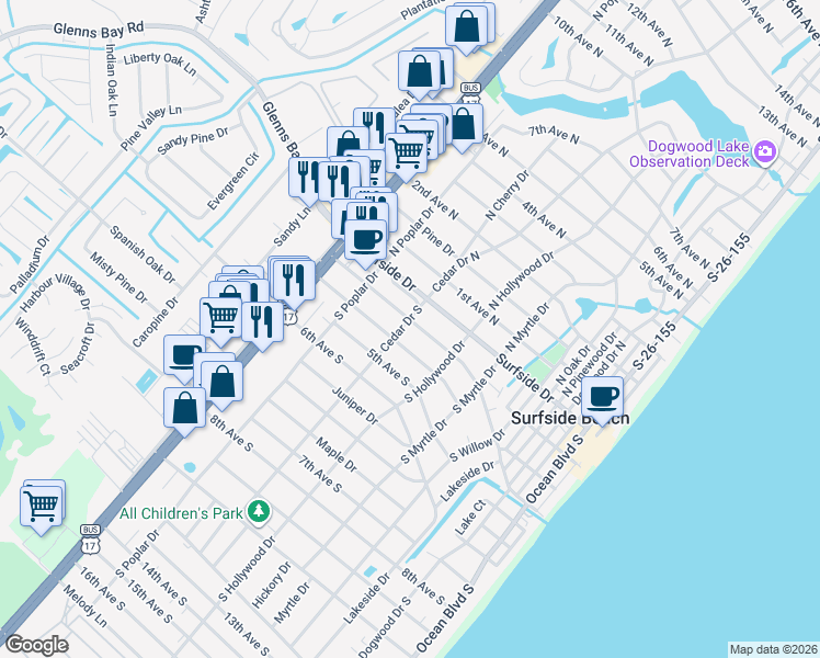 map of restaurants, bars, coffee shops, grocery stores, and more near 629 3rd Avenue South in Surfside Beach