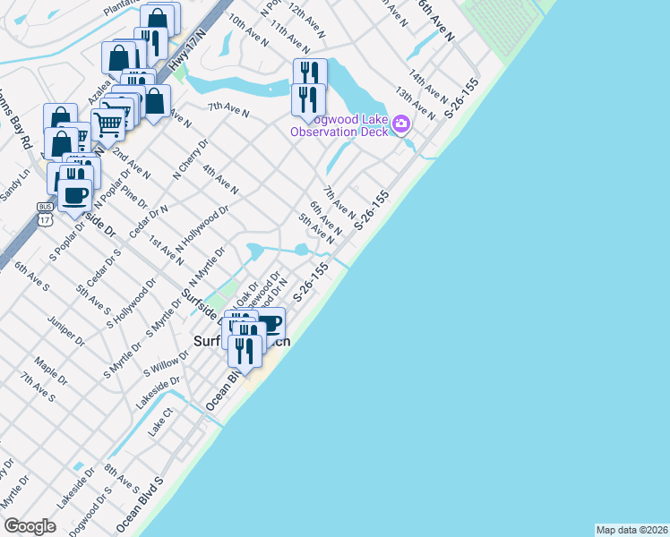 map of restaurants, bars, coffee shops, grocery stores, and more near 415 North Ocean Boulevard in Surfside Beach