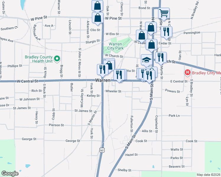 map of restaurants, bars, coffee shops, grocery stores, and more near 150 Bradley Court in Warren