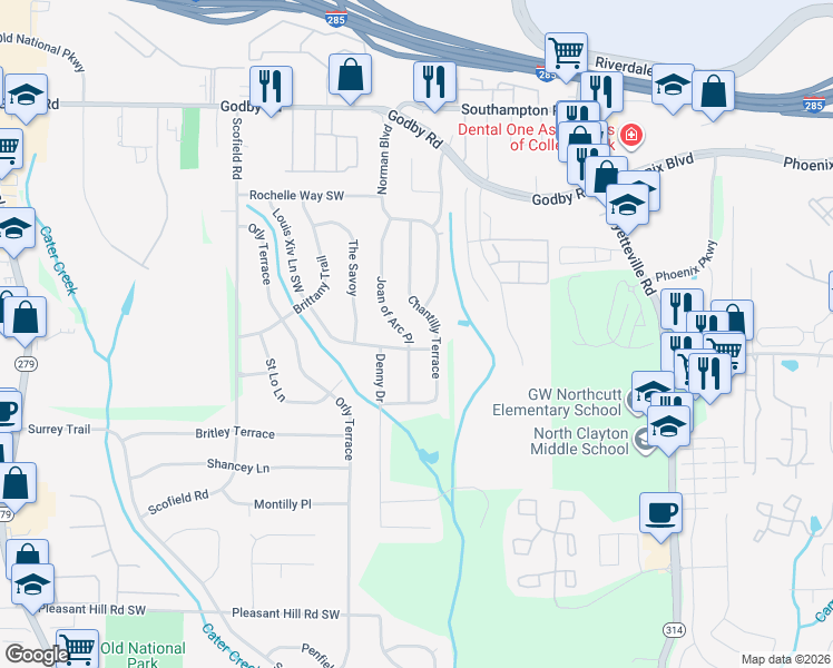 map of restaurants, bars, coffee shops, grocery stores, and more near 5308 Joan of Arc Pl in Atlanta
