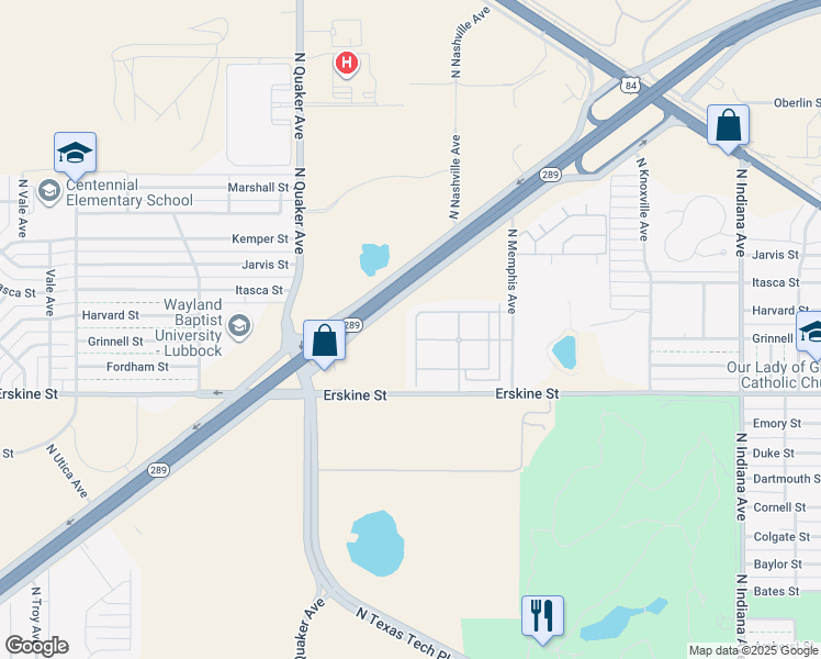 map of restaurants, bars, coffee shops, grocery stores, and more near 3824 Erskine Street in Lubbock