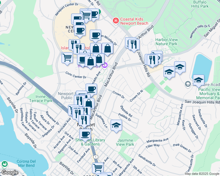 map of restaurants, bars, coffee shops, grocery stores, and more near 2507 Windover Drive in Newport Beach