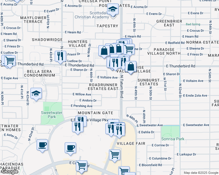 map of restaurants, bars, coffee shops, grocery stores, and more near 4656 East Emile Zola Avenue in Phoenix