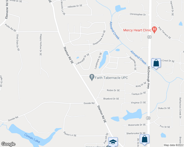 map of restaurants, bars, coffee shops, grocery stores, and more near 644 Ralph Road Southeast in Conyers